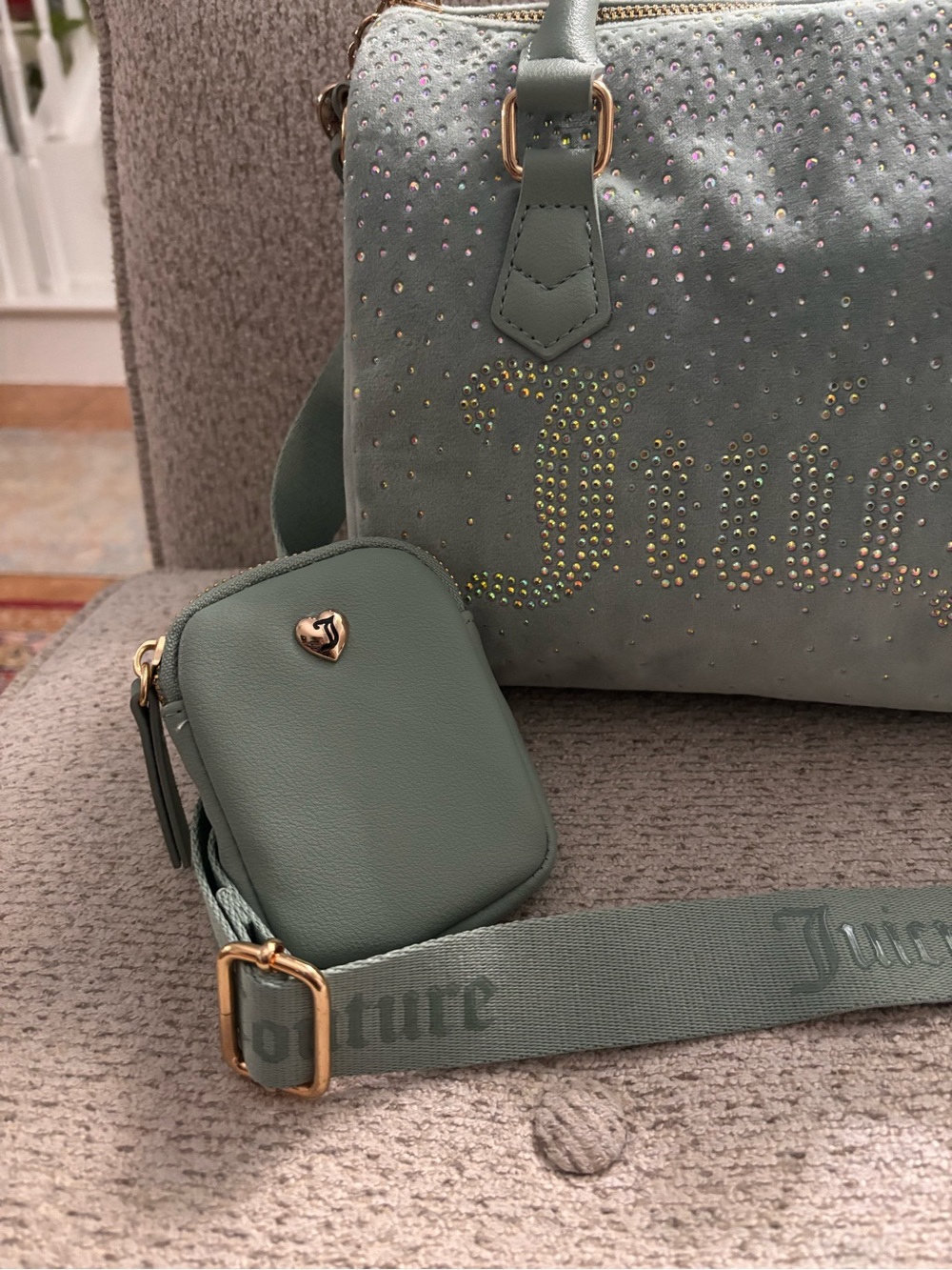 Juicy Couture Let it Shine Cool Blue Green Rhinestone Satchel - Picture 4 of 14